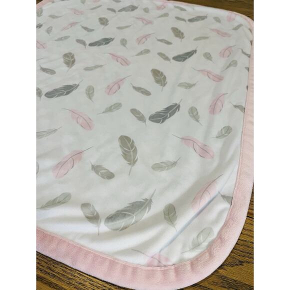 BLANKETS & BEYOND Pink Gray Feathers Leaves Baby Blanket Soft White 28x32” Plush - Picture 2 of 10